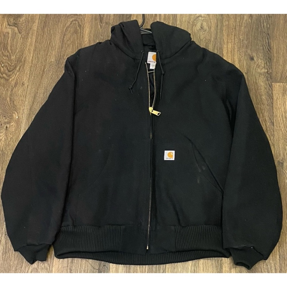 Mens Carhartt Black Hooded gold zipper Workwear Jacket Sz L Made in USA Vintage
